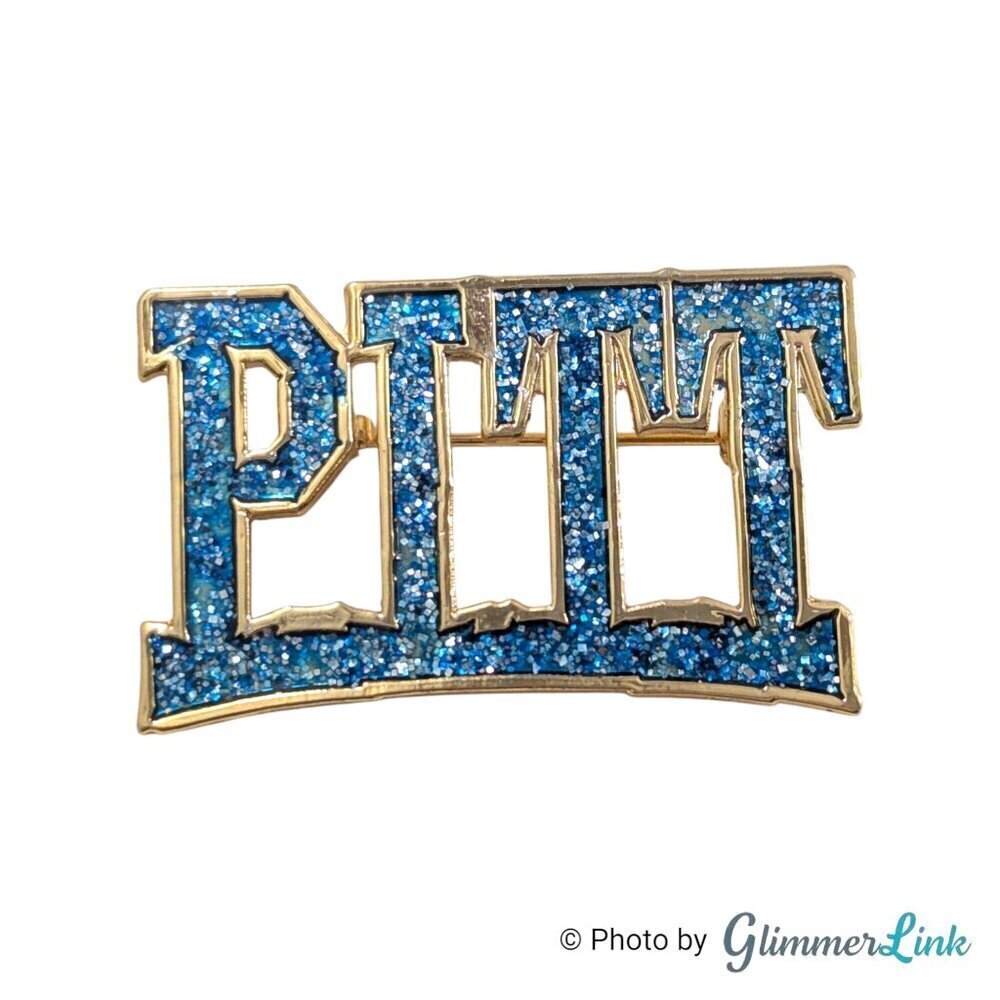 Sparkly Blue Enamel Pitt Name Las Name Gold Tone Brooch